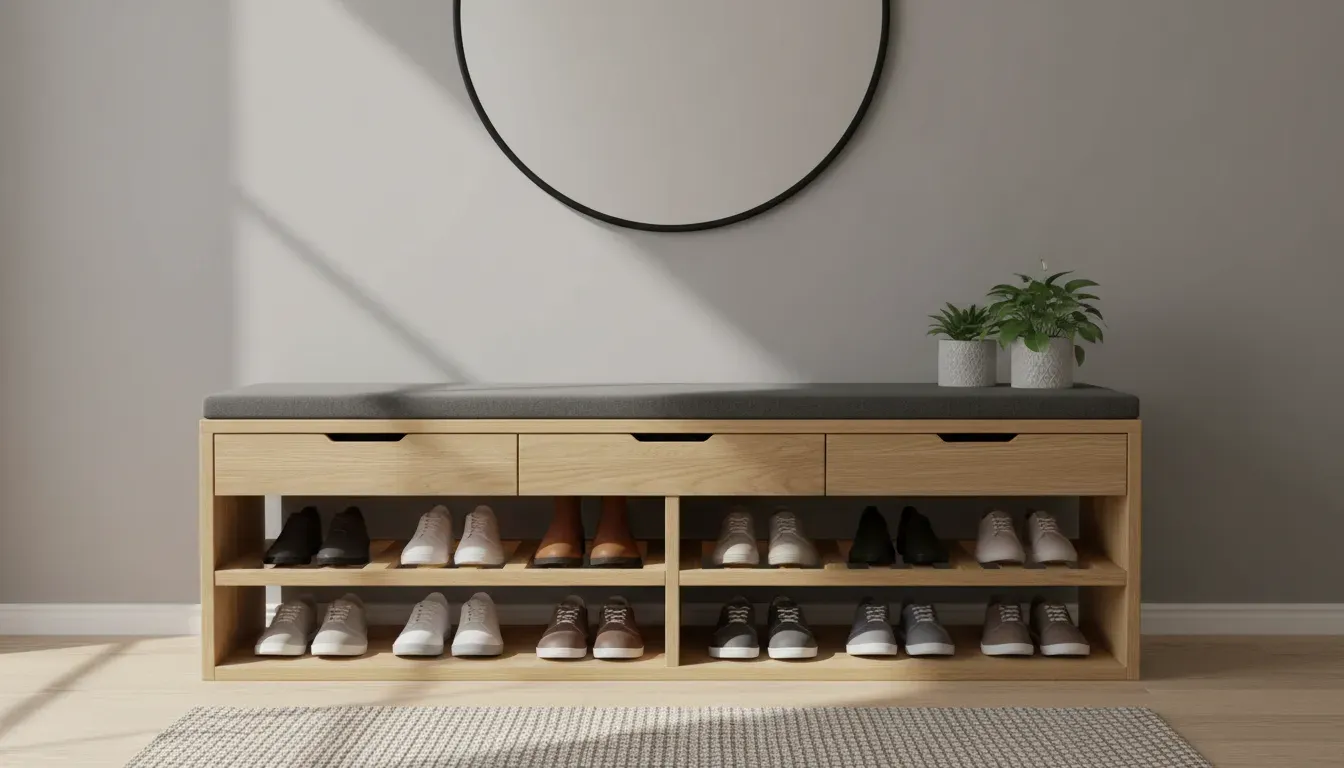 A hybrid entryway bench featuring both open shoe shelves on the bottom and shallow drawers just below the seat cushion.