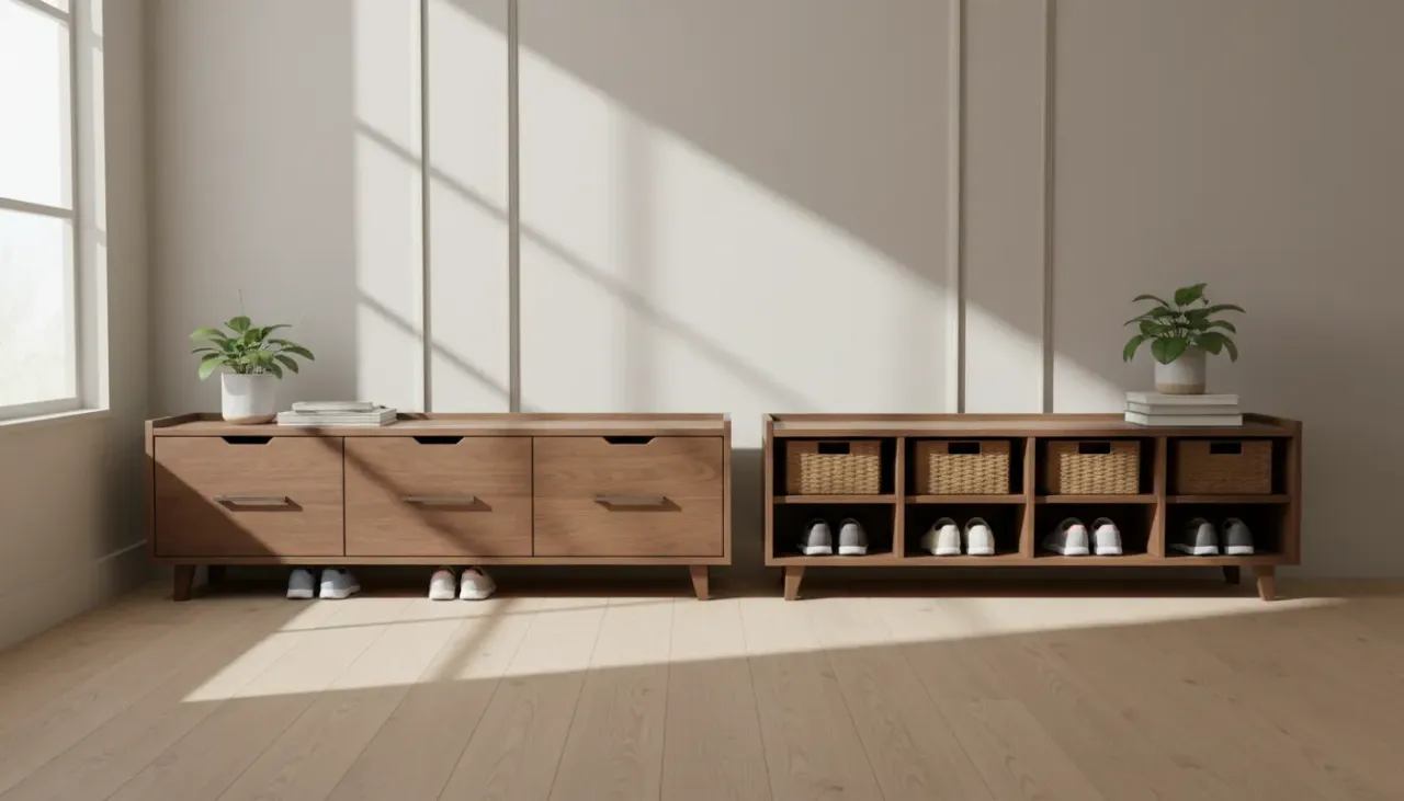 A modern entryway featuring a split-screen comparison of a wooden bench with sleek drawers versus a bench with open cubby storage filled with woven baskets.