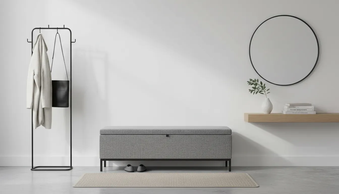 A minimalist modern entryway featuring a grey upholstered storage bench and white walls