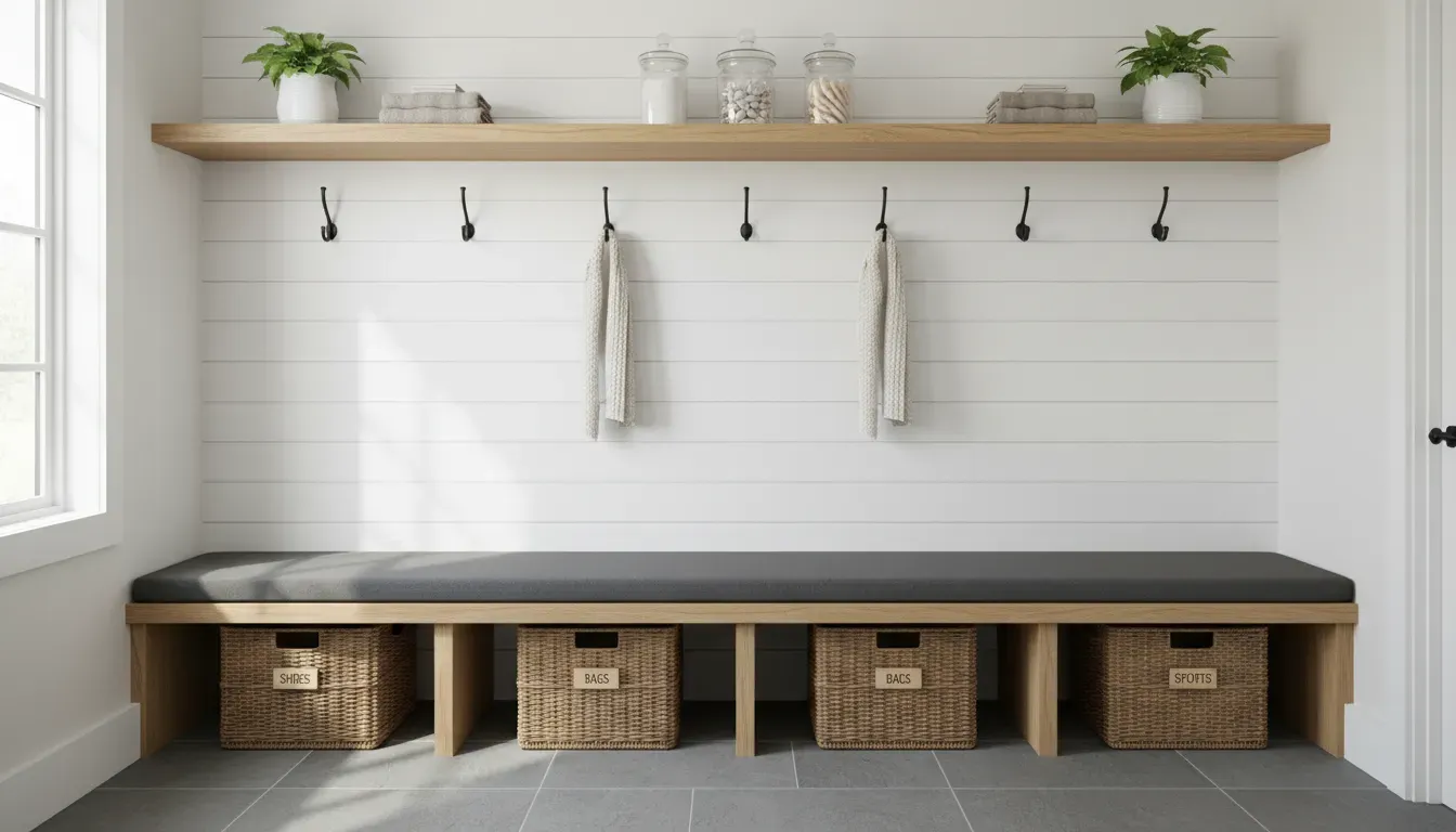 A highly organized mudroom bench area with hooks, shelving, and labeled baskets