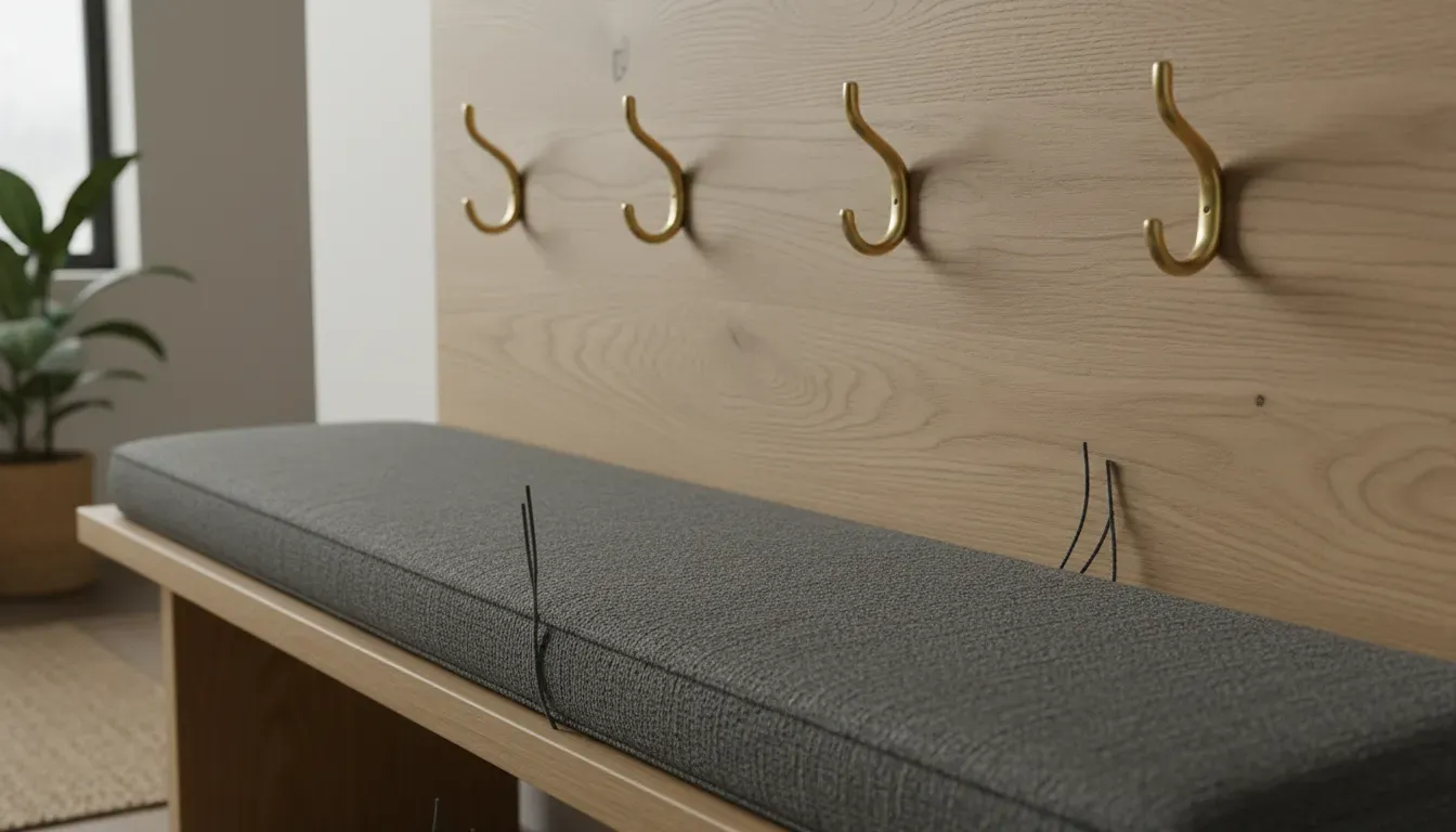A detailed close-up of brass coat hooks on a wooden entryway bench with a textured cushion