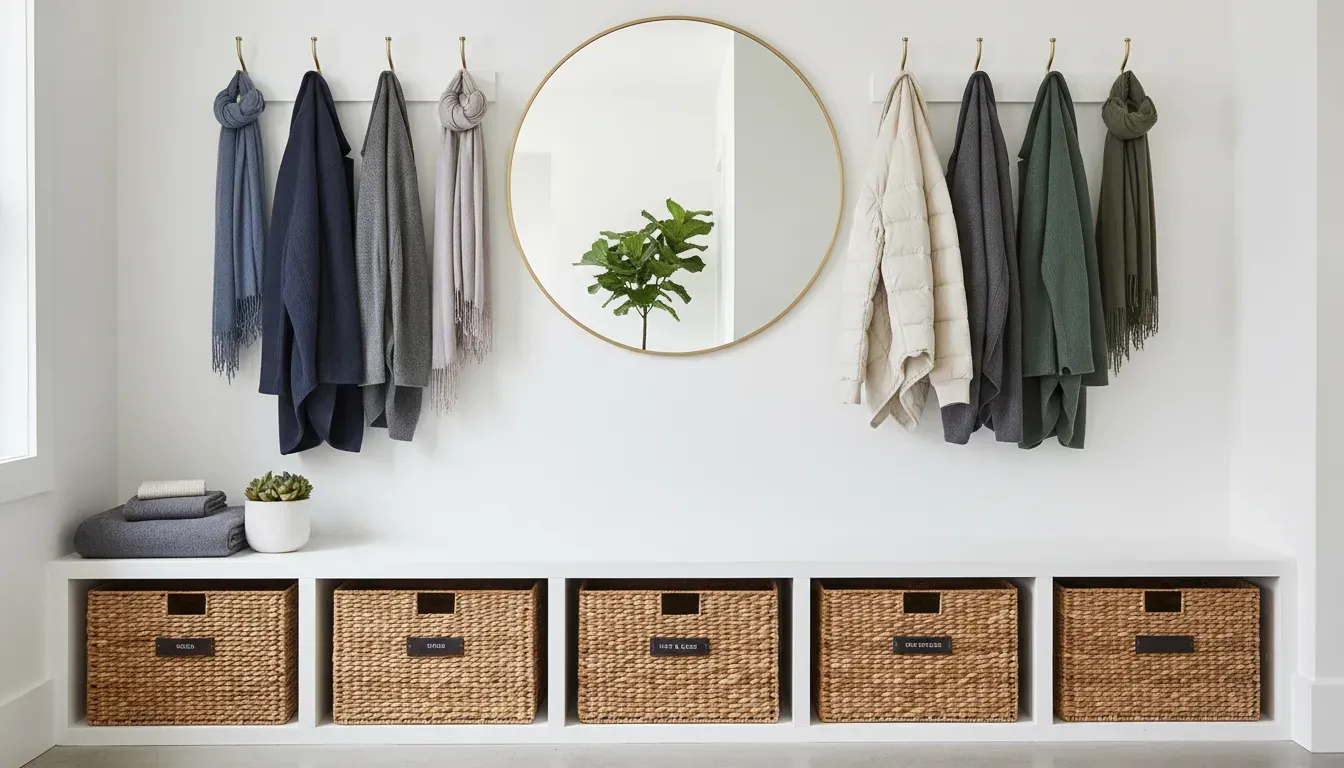 A perfectly organized entryway bench with labeled wicker baskets and color-coordinated coats