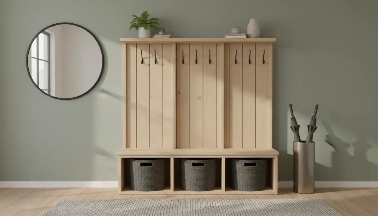A modern farmhouse entryway bench with integrated hooks and shoe storage bins in a well-lit foyer
