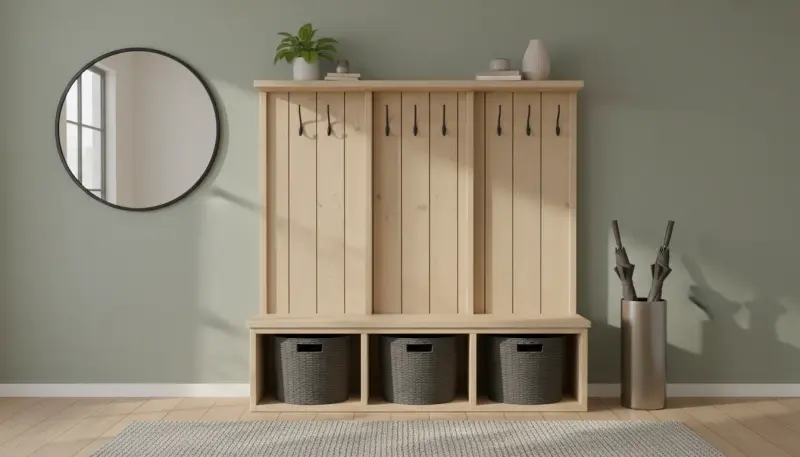 Entryway Benches with Storage and Integrated Coat Hooks