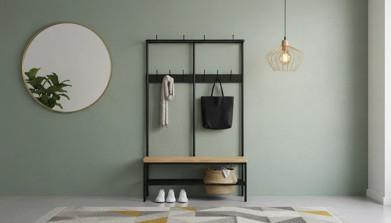 A modern entryway featuring a hall tree unit with hooks and a bench seat, standing against a painted wall