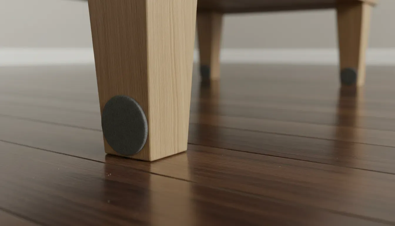 Close up detail of a bench with felt pads on the legs on a hardwood floor