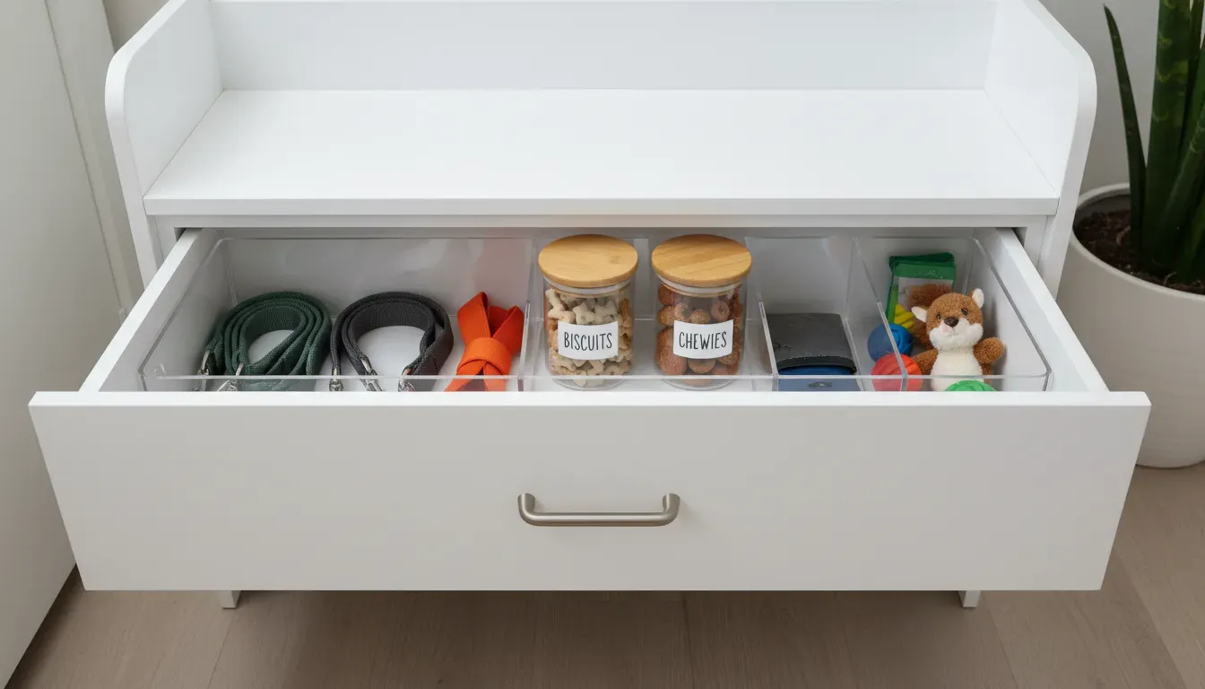 A detailed close-up of a white entryway bench drawer open to reveal organized pet supplies including leashes and treat jars