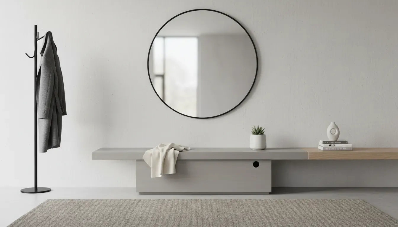 A minimalist entryway featuring a grey bench with a cat litter enclosure hidden inside, blended seamlessly with modern decor