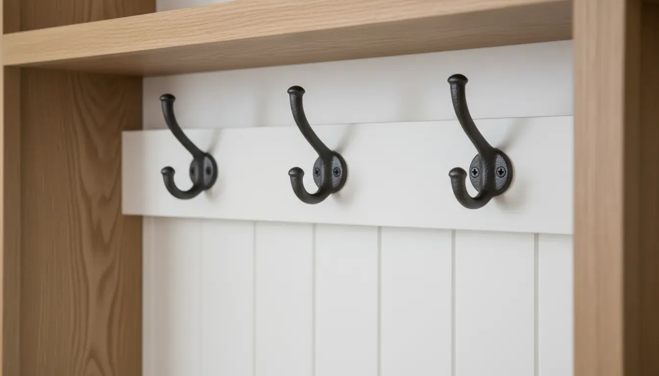 A detailed close-up of heavy-duty metal hooks mounted on beadboard backing within a wooden locker unit