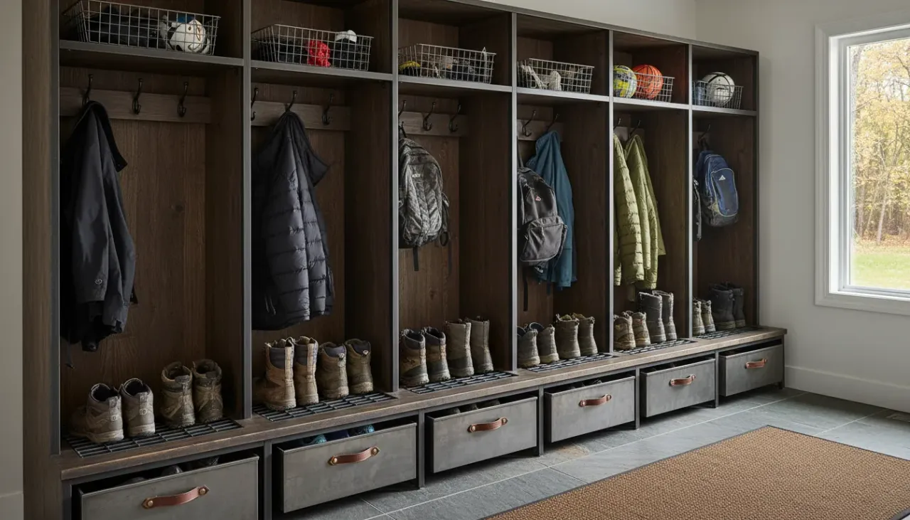 A modern farmhouse entryway featuring built-in white lockers with wood bench seating and lower shoe cubbies filled with boots.