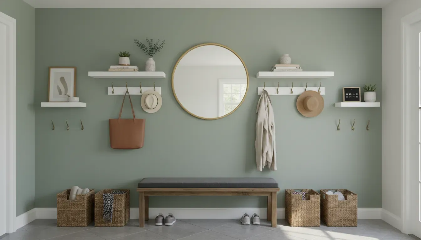 A perfectly organized entryway wall featuring a mix of hooks, shelves, and a mirror