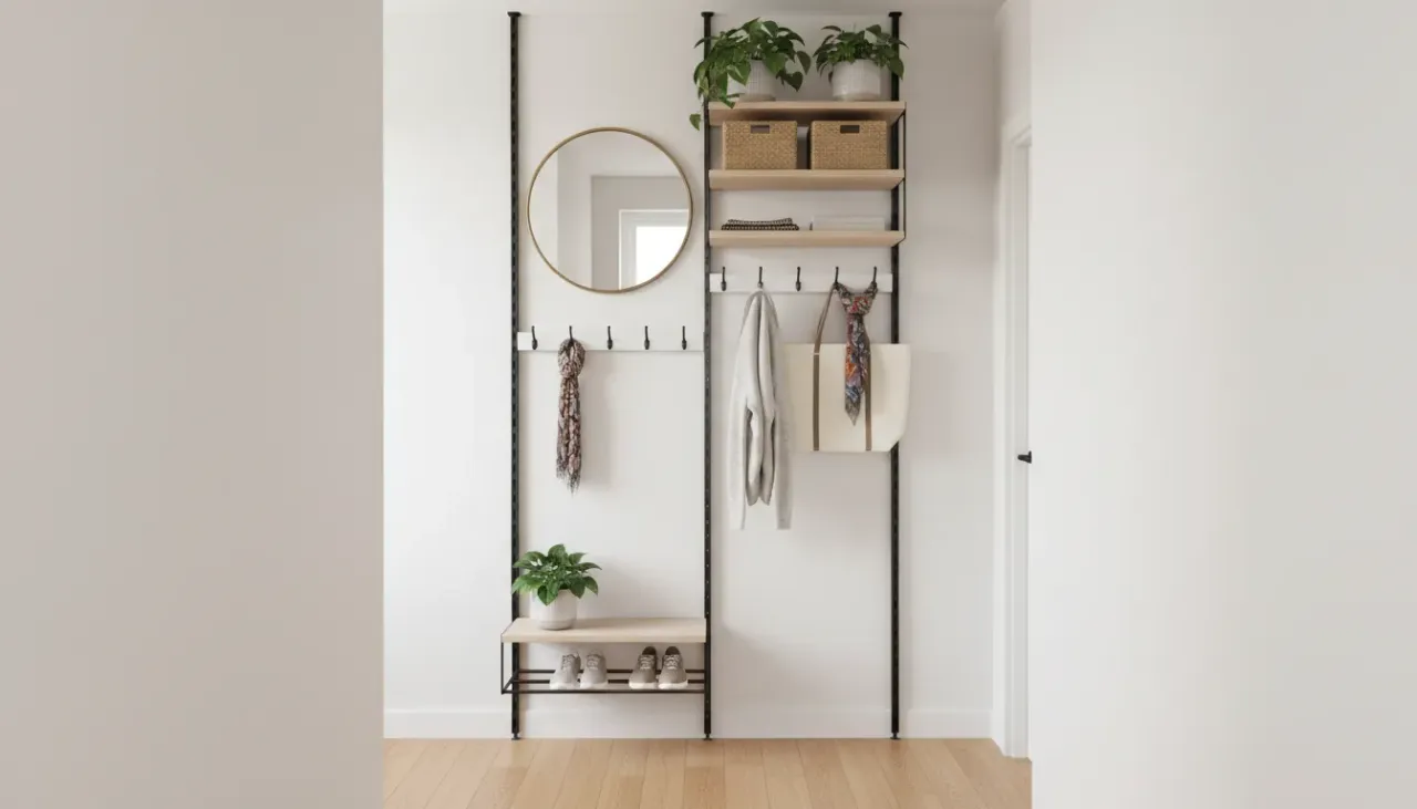 A pristine small apartment entryway featuring a wooden wall rack with coats and a floating shelf with decor