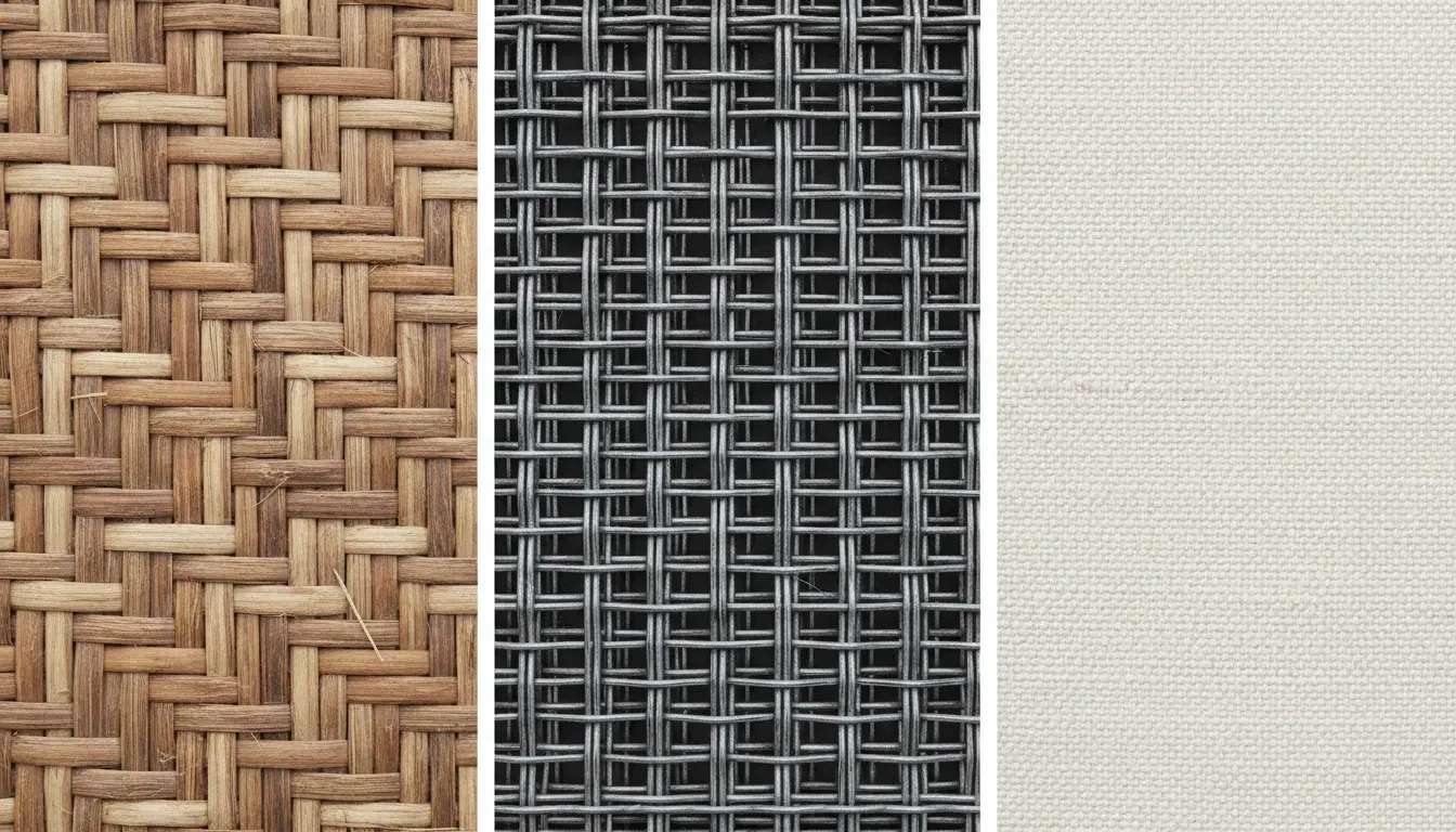 A detailed close-up comparison of wicker, wire, and canvas textures to showcase material differences