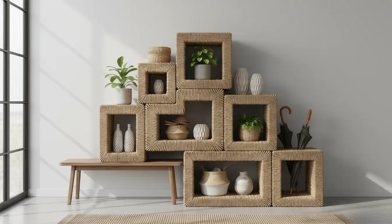 A creative DIY project showing upcycled boxes wrapped in jute rope serving as entryway storage