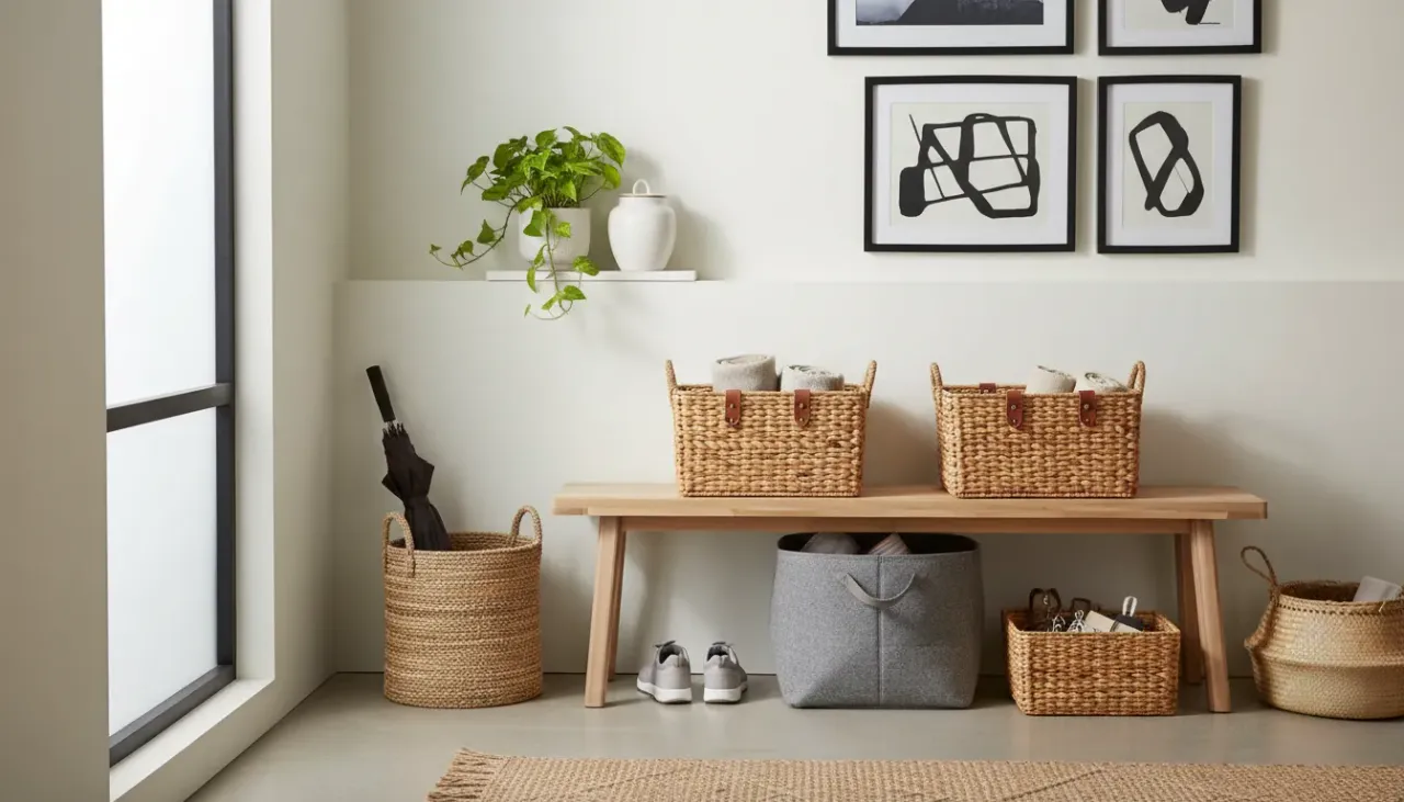 A well-organized entryway featuring a wooden bench with woven seagrass baskets underneath and wire bins on overhead shelves.