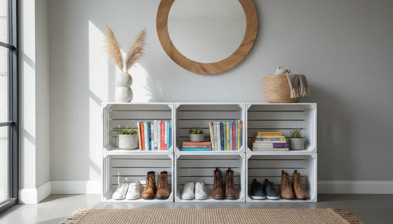 Stacked wooden crates painted white used as a DIY shoe storage and bookshelf in an entryway