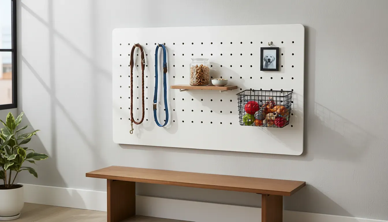 A white pegboard wall organizer in an apartment entryway holding dog leashes, a small shelf with treats, and a hanging wire basket for toys