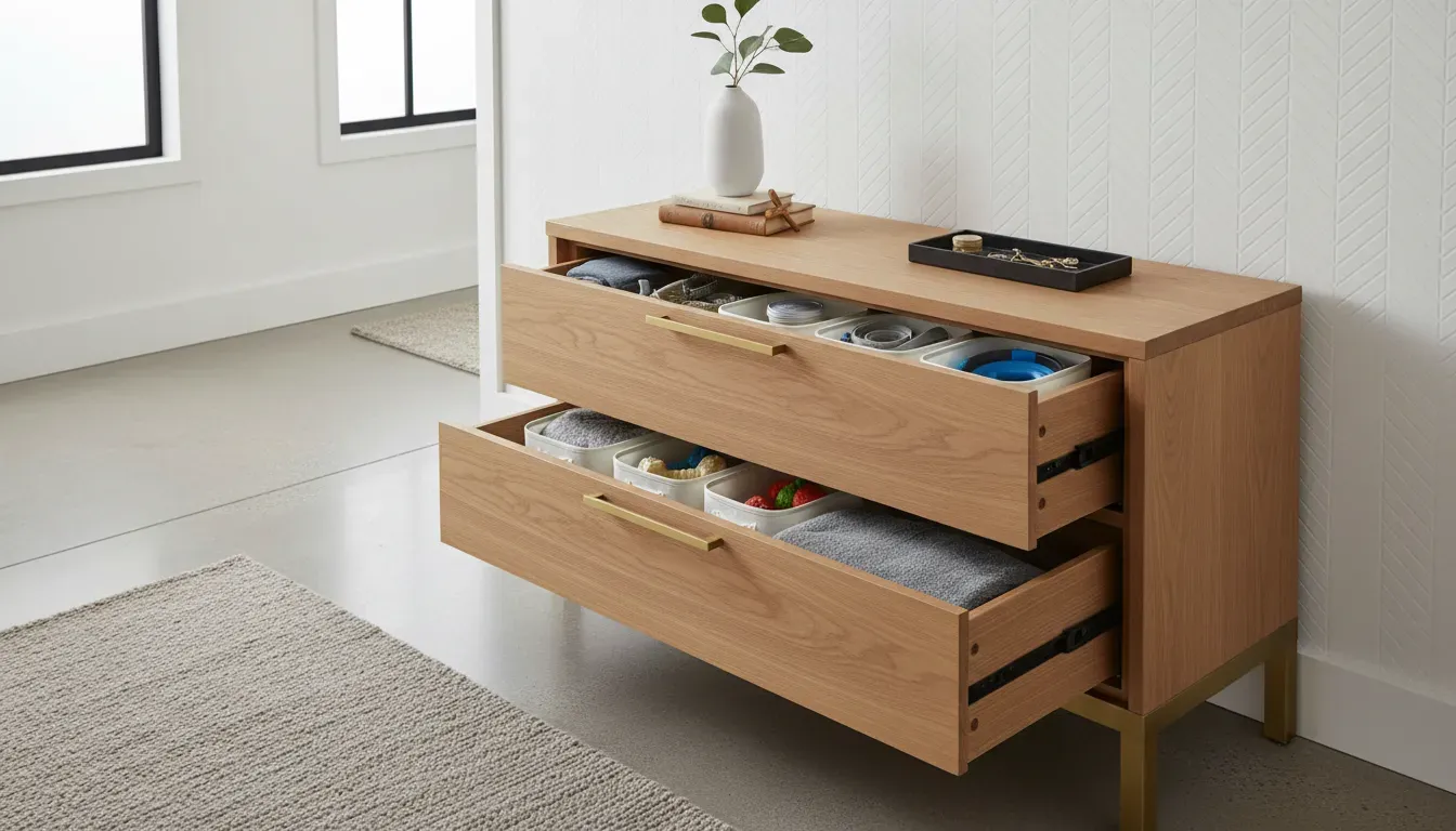 Organized entryway console table with hidden pet supplies inside drawers