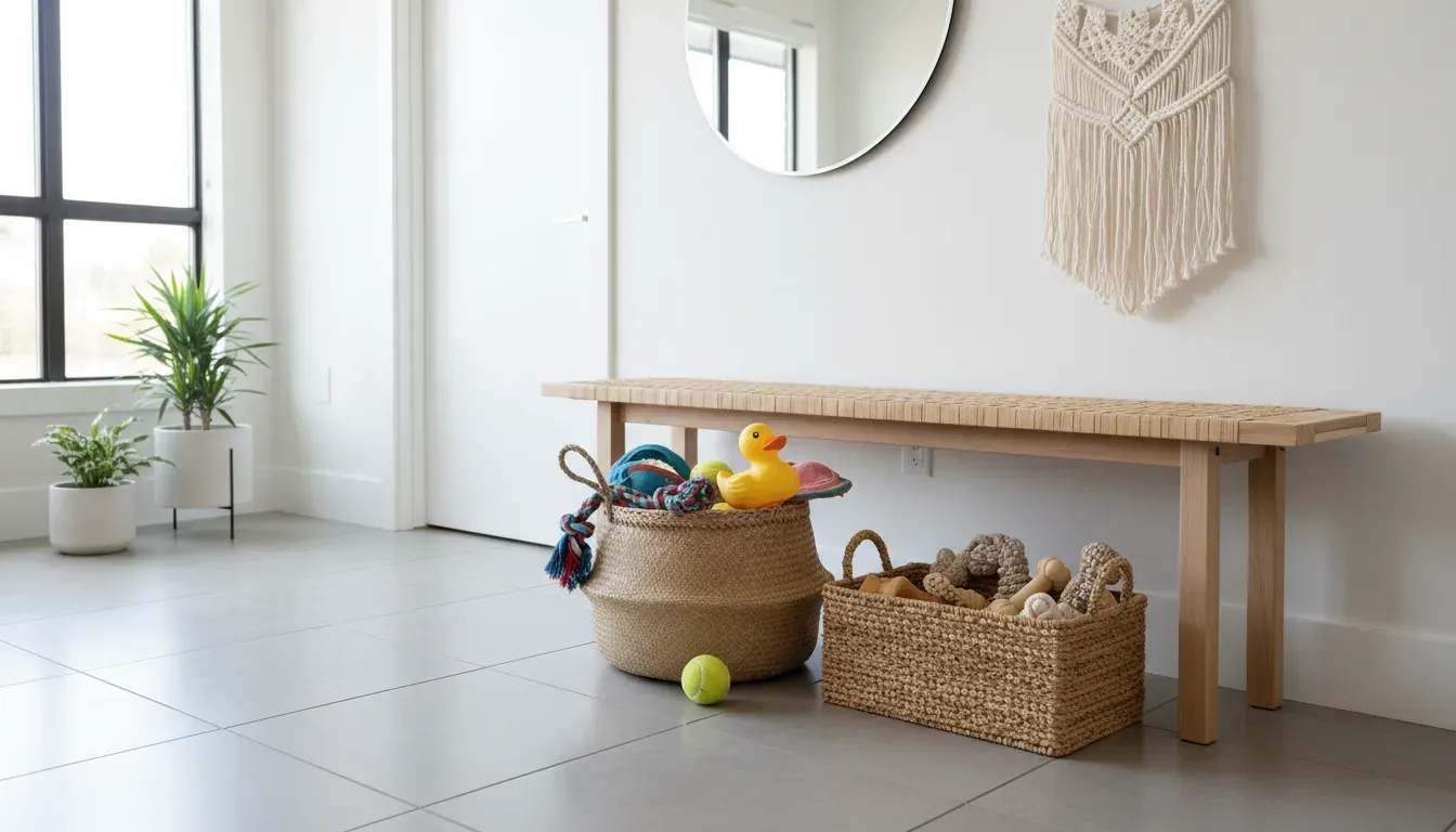 Woven baskets containing dog toys placed under a wooden bench in a bright apartment entryway