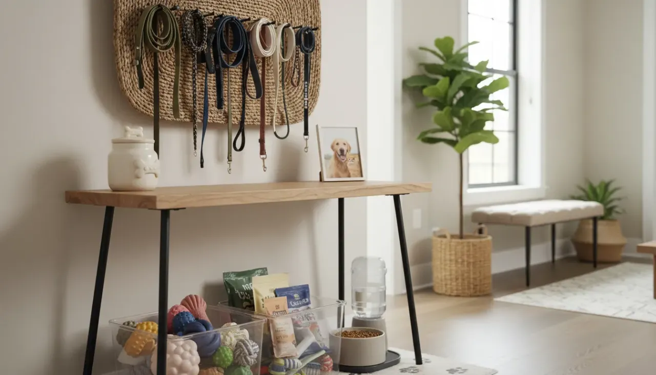 A pristine apartment entryway featuring a wooden bench with woven baskets underneath and wall hooks holding leather dog leashes
