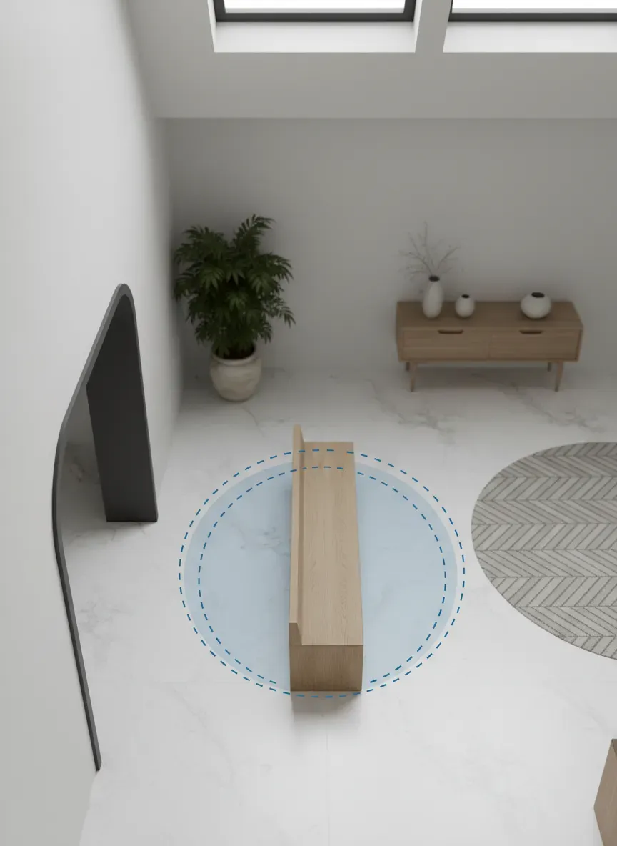 A top-down architectural floor plan demonstrating optimal turning radiuses and clearance zones around an entryway built-in bench.