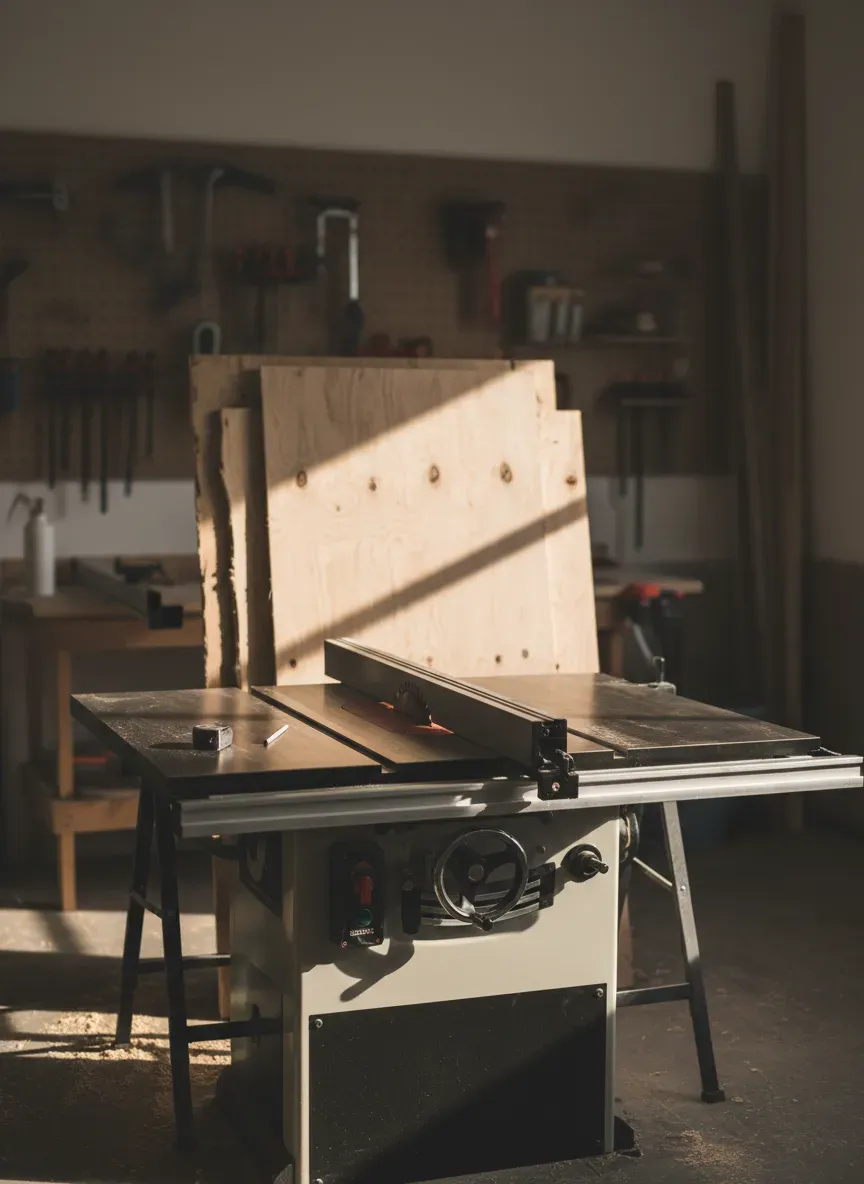 A workshop setting showing a table saw and plywood sheets ready for cutting