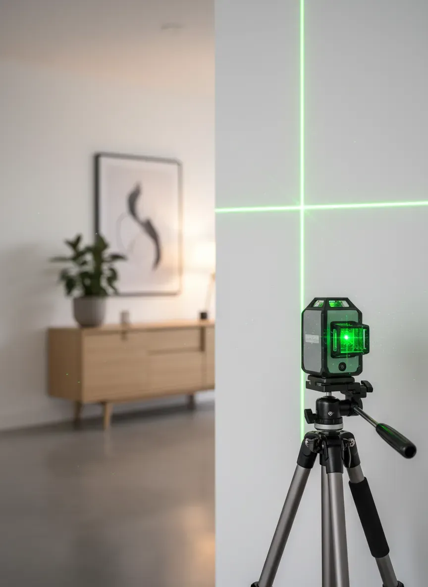 A green laser level projecting lines on a white wall in an entryway