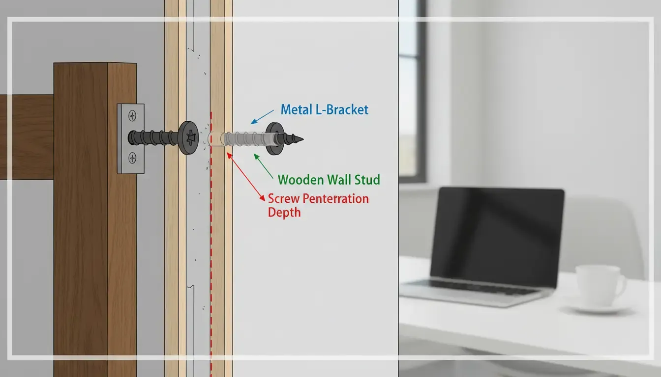 A detailed diagram showing the cross-section of a wall with a metal L-bracket securing a wooden hall tree to a wall stud, highlighting the screw penetration depth.