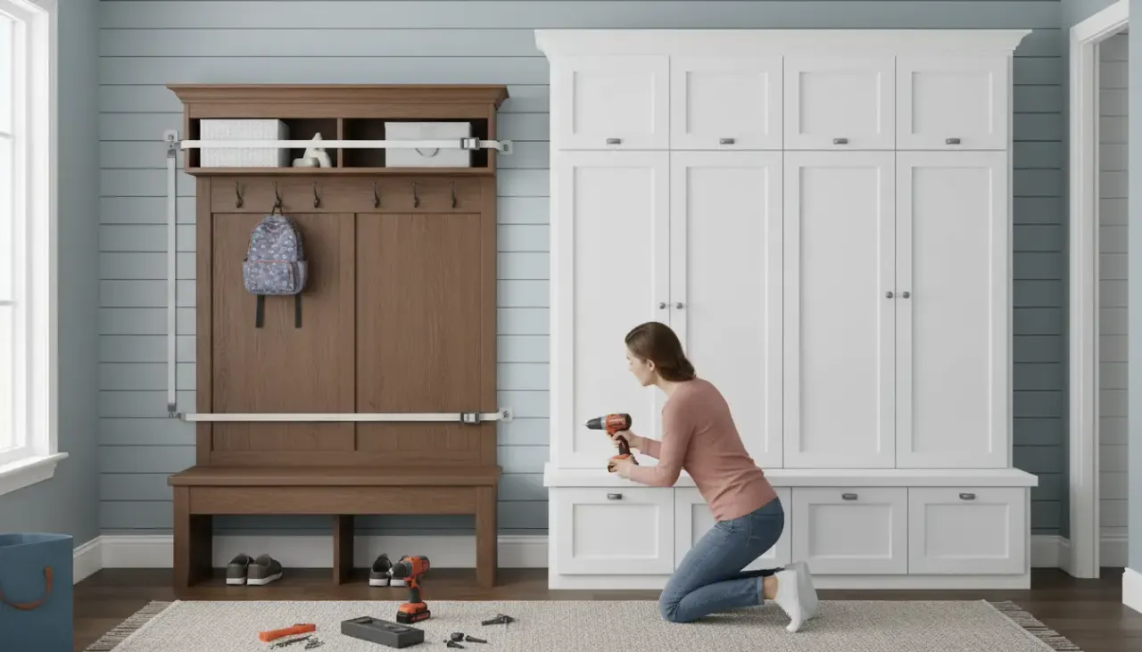 A stylish mudroom with a large wooden hall tree and lockers being inspected for safety stability.