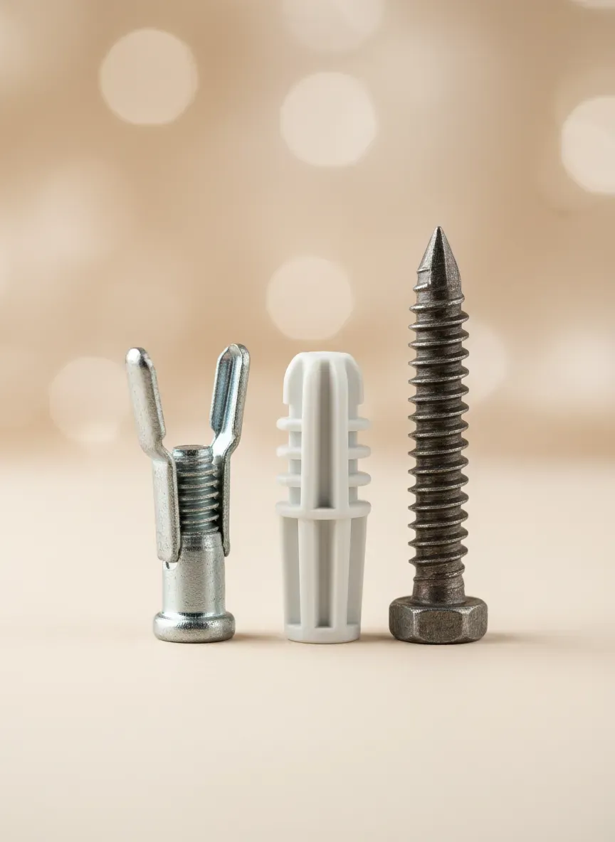 Close up comparison of a toggle bolt, a plastic plug, and a lag screw
