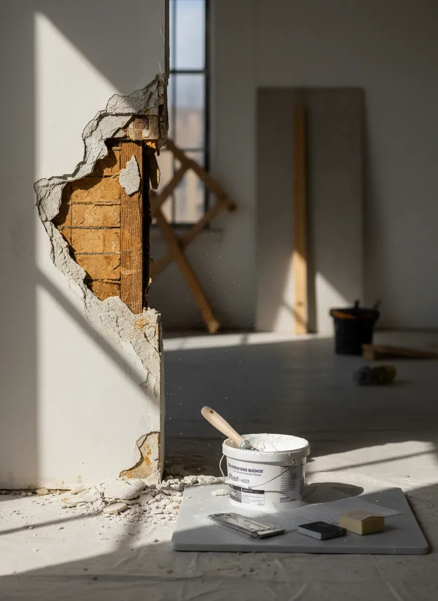 A messy installation scenario showing crumbled plaster and a patch kit