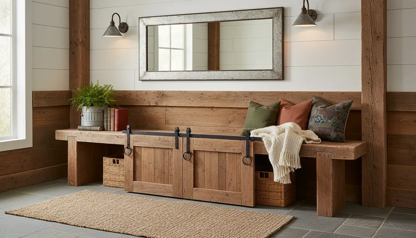 Rustic wooden entryway bench with sliding barn doors and galvanized metal accents