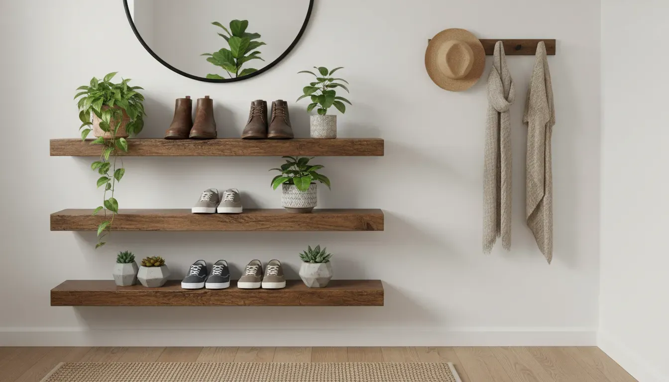 Small entryway featuring wall mounted rustic shelves holding shoes and plants