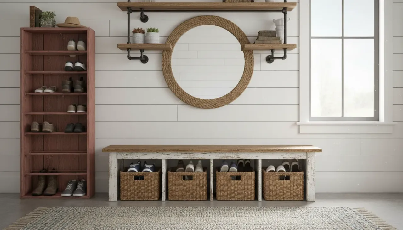 A pristine farmhouse entryway featuring a distressed wooden bench with shoe storage cubbies and woven baskets.