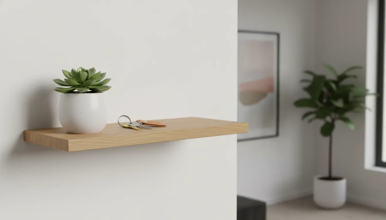 Modern narrow floating shelf with succulent and keys