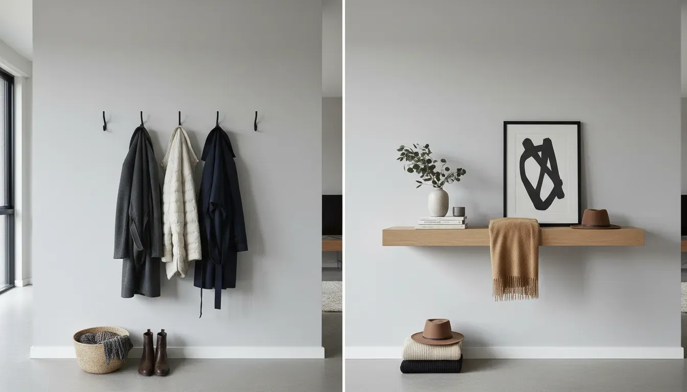 Comparison of wall hooks holding coats versus a styled shelf