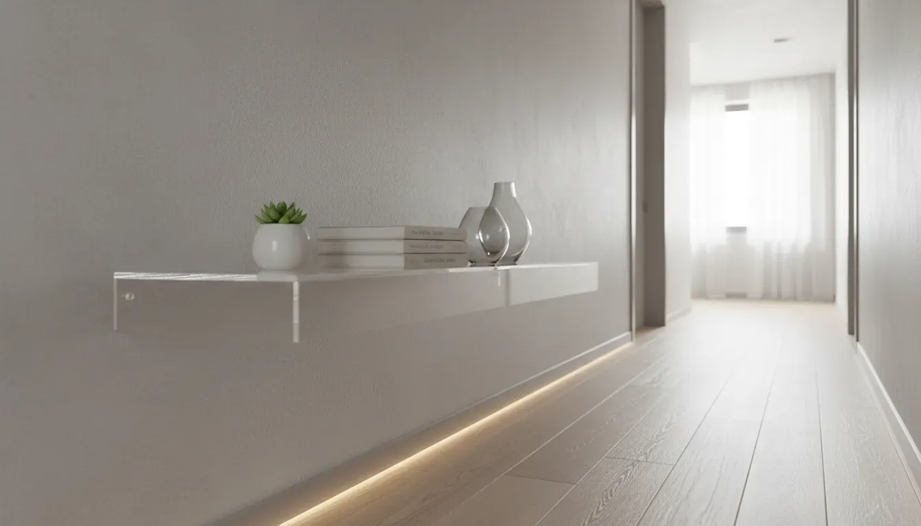 Acrylic floating shelf in a narrow hallway