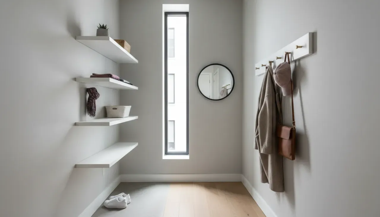A narrow modern entryway featuring a comparison of floating wooden shelves and minimalist wall hooks.