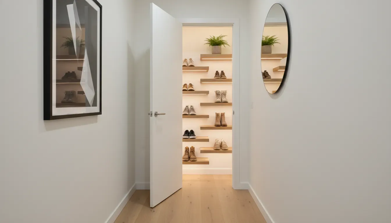 A narrow hallway utilizing dead space behind a door with staggered floating shelves for shoes