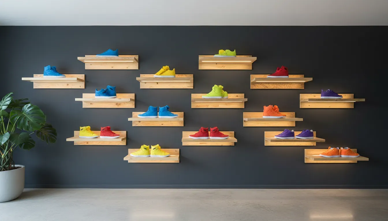 A creative staggered shelf layout displaying colorful sneakers on a dark accent wall
