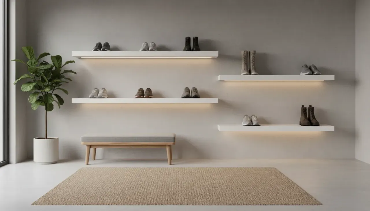A sleek entryway featuring minimalist white floating shoe shelves holding leather boots and sneakers against a charcoal wall