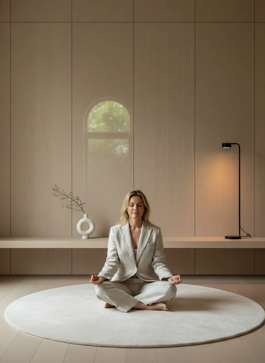 A serene, minimalist living space where all storage is seamlessly hidden behind architectural panels