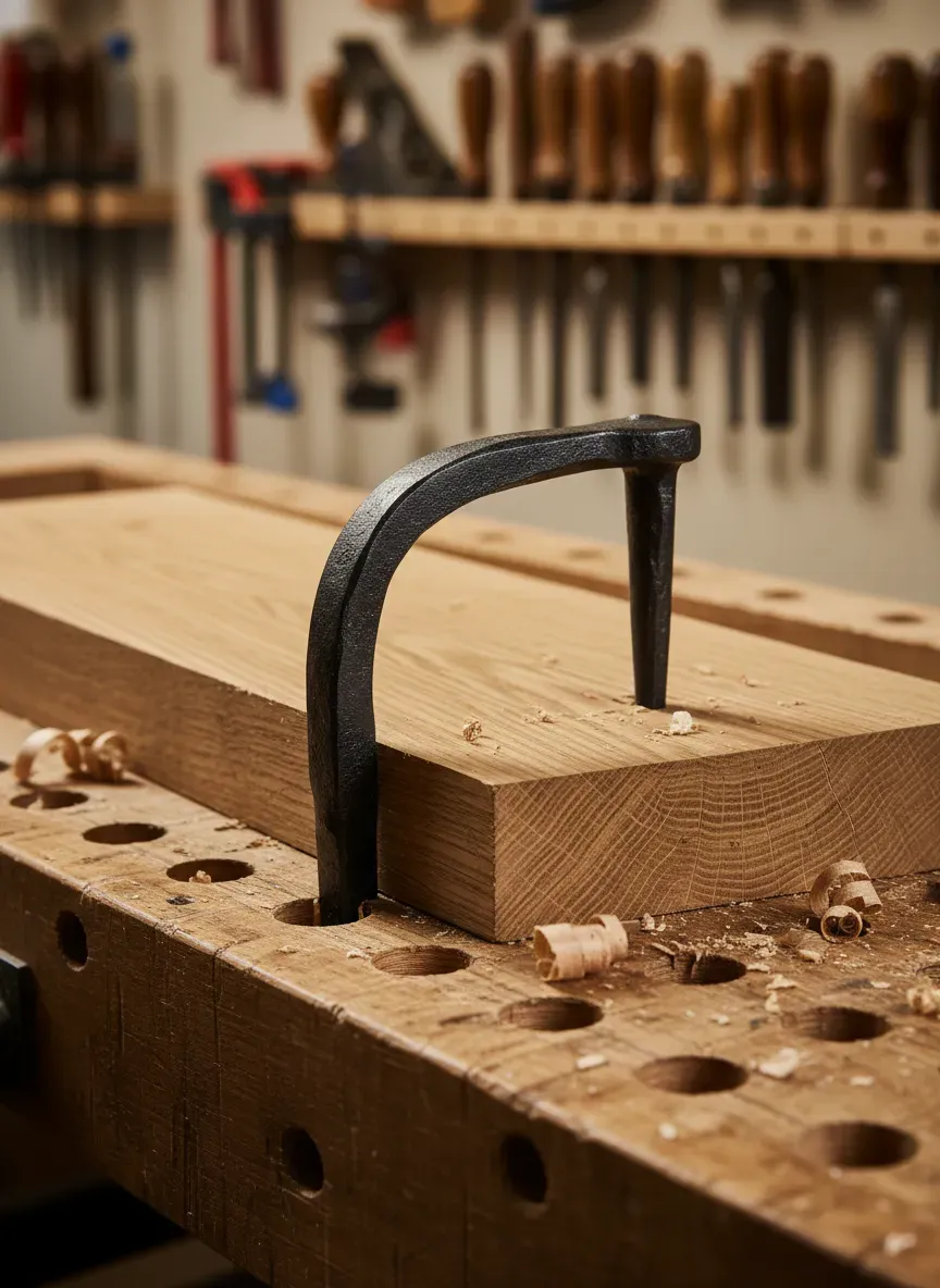 Close up of an iron holdfast securing a piece of oak to a dog-hole riddled benchtop