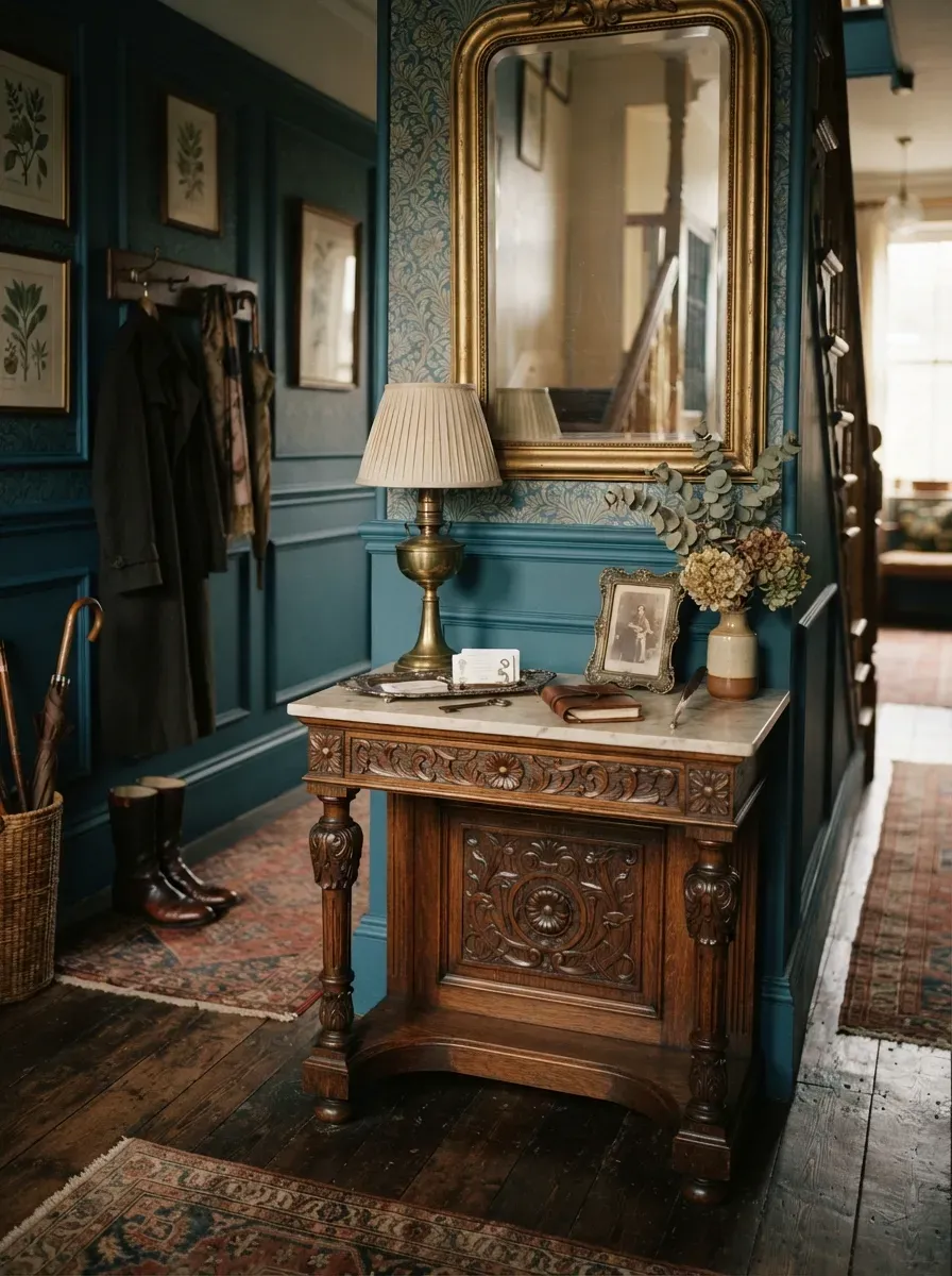 A vintage Victorian-inspired hallway showing the classic aesthetic of early entryway furniture