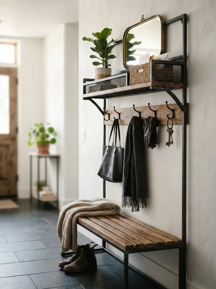 A rustic entryway organizer featuring an industrial metal frame and warm wood tones