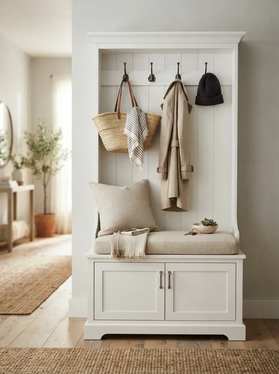 A classic white hall tree with shaker-style panels and a cushioned bench top