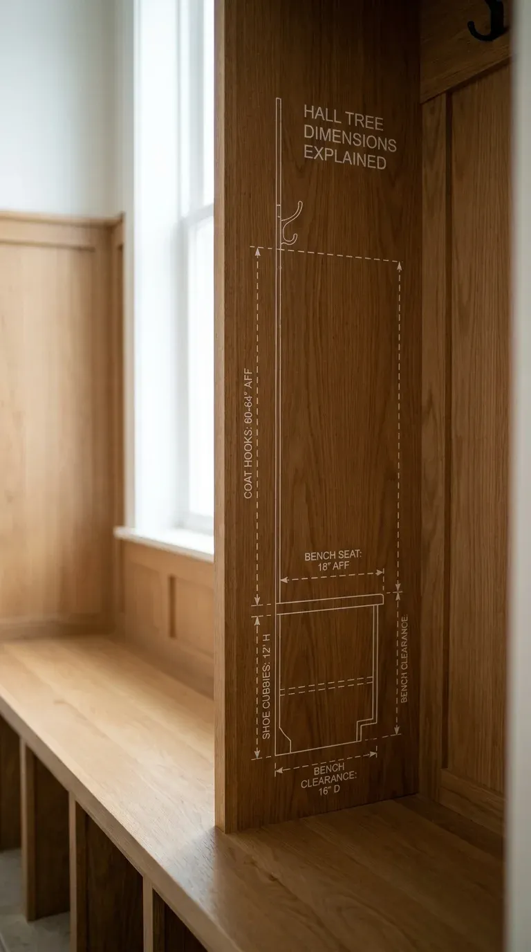 Diagram showing the correct spacing between bench height, coat hook height, and shoe cubby clearance on an entryway hall tree