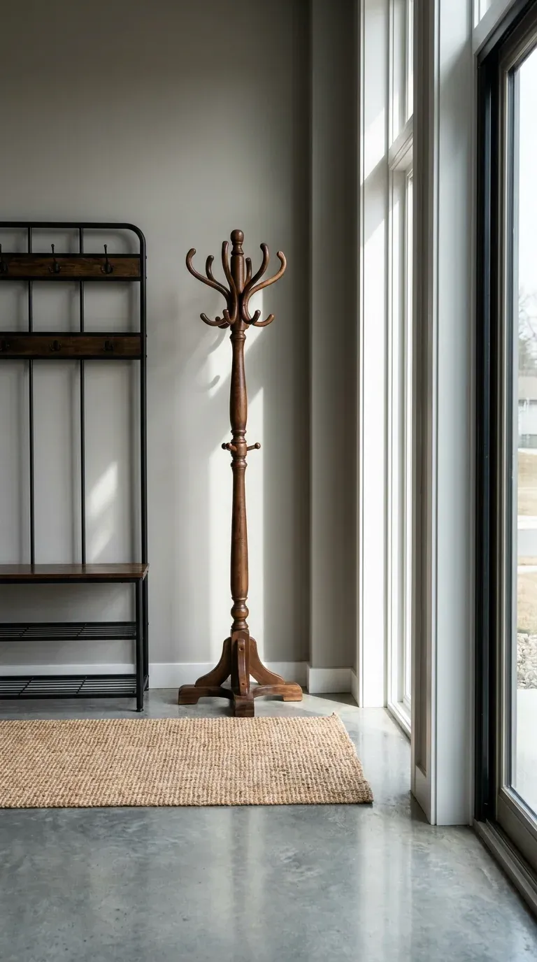A sleek industrial hall tree with a wooden bench standing next to a classic walnut wood coat rack in a bright modern foyer.
