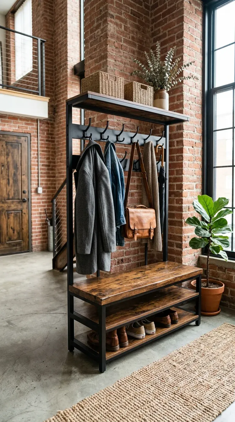 An industrial style hall tree with a rustic wood bench and a matte black steel frame in a loft entryway, coats and bags hanging on the hooks.
