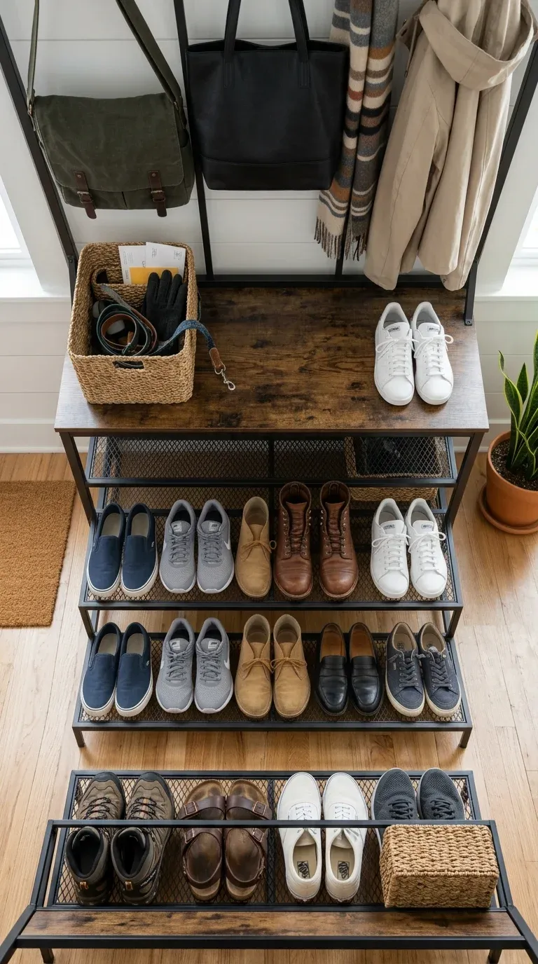 An overhead shot of organized shoes and baskets arranged neatly on an industrial hall tree bench and its lower wire shelves.